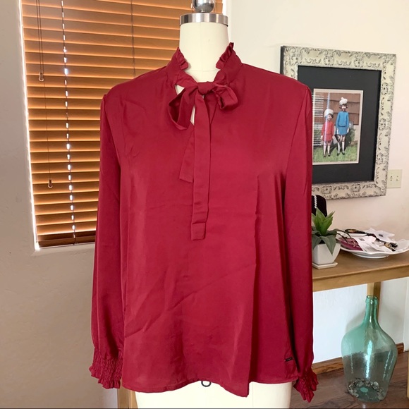 Tahari Tops - Deep red satin Tahari tie neck long sleeve blouse